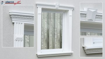 Fensterdekoration mit Alu Fensterbank 107-K, Zierleiste Freetown 100, Zierornament Avitus DT-3, Fassadenprofil Damascus 107-K und Schlussstein Damascus 107-K Fensterdekoration mit Alu Fensterbank 107-K, Zierleiste Freetown 100, Zierornament Avitus DT-3, Fassadenprofil Damascus 107-K und Schlussstein Damascus 107-K