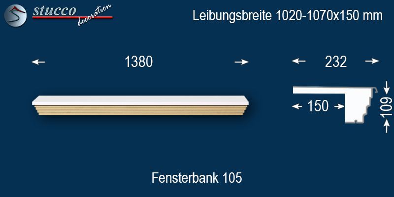 Komplette Fensterbank Idaho 105 1020-1070-150