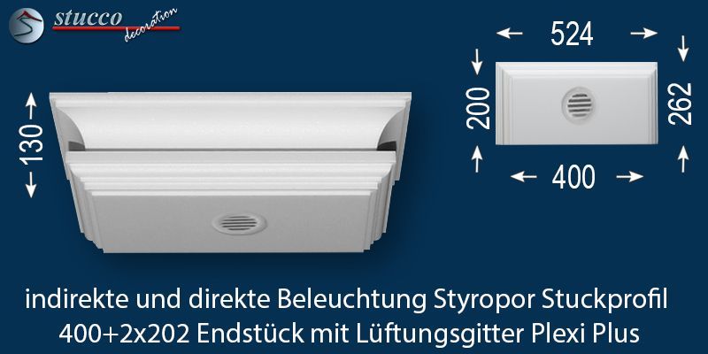 Endstück mit Lüftungsgitter für direkte und indirekte Beleuchtung Essen 400+2x202 PLEXI PLUS
