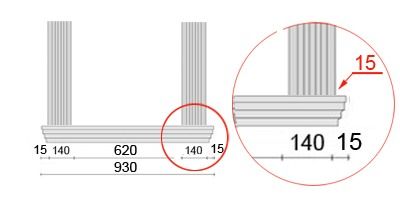 Bemaßte Zeichnung für seitlichen Überstand der Fensterbank von 15 mm