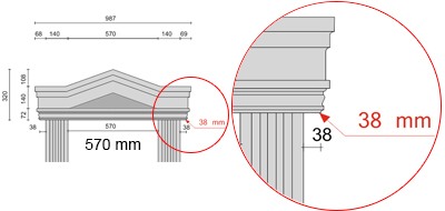 Bemaßte Zeichnung für seitlichen Überstand der Dreieckbekrönung Fenstergiebel von 38 mm Bemaßte Zeichnung für seitlichen Überstand der Dreieckbekrönung Fenstergiebel von 38 mm