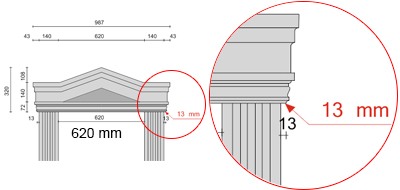 Bemaßte Zeichnung für seitlichen Überstand der Fenstergiebel Dreieckbekrönung von 13 mm Bemaßte Zeichnung für seitlichen Überstand der Fenstergiebel Dreieckbekrönung von 13 mm