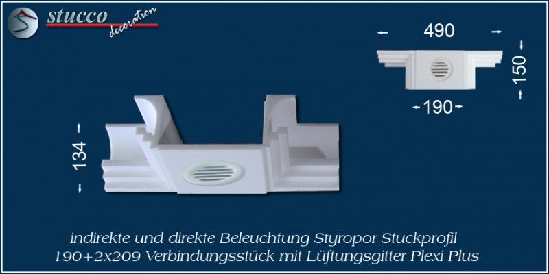 Verbindungsstück mit Lüftungsgitter für direkte und indirekte Beleuchtung Dortmund 190+2x209 PLEXI PLUS