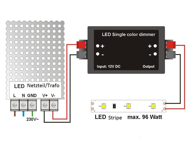 Zwischen Trafo und LED Strip geschalteter LED Dimmer