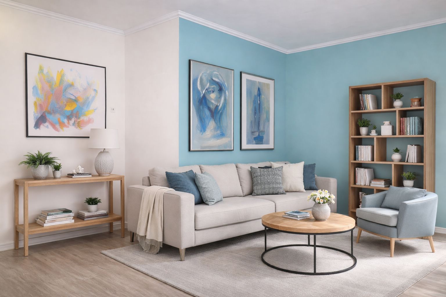 Stuckleiste in einem modernen Wohnzimmer in Blautönen Stuckleiste in einem modernen Wohnzimmer in Blautönen