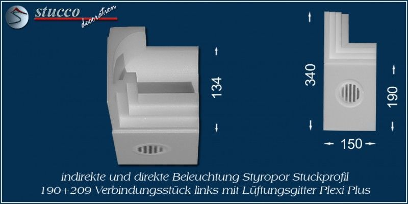 Verbindungsstück links mit Lüftungsgitter für direkte und indirekte Beleuchtung Dortmund 190+209 PLEXI PLUS Verbindungsstück links mit Lüftungsgitter für direkte und indirekte Beleuchtung Dortmund 190+209 PLEXI PLUS